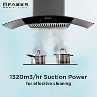 Faber 90 cm 1320 m³/hr Curved Glass Kitchen Chimney 3 Layer Baffle Filter Gravity Suction