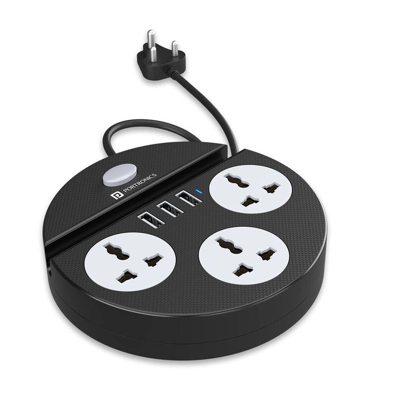 Portronics Power Plate 5 Black features 5 USB ports for charging multiple devices simultaneously. Its sleek design includes a holder for convenience, making it perfect for home or office use.
