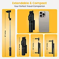 Portronics Lumistick Mini – 3-in-1 Selfie Stick, Black. Compact design, built-in LED light, and Bluetooth remote. Perfect for selfies, group photos, and video calls. Lightweight and portable.