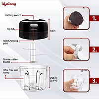 Lifelong USB Rechargeable Wireless Electric Chopper with Stainless Steel Blades 250 ML (Black) 30 Watts