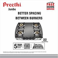 Preethi Blu Flame Jumbo Glass top 4 Burner Gas Stove, Manual Ignition,