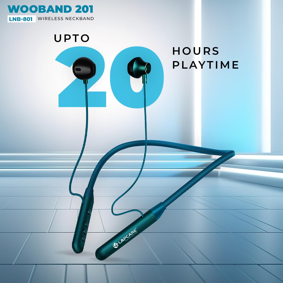 Lapcare Wooband Primium LNB 201B neckband offers 20 hrs battery, Bluetooth 5.3, Type-C fast charging, 10mm drivers, magnetic earbuds & IPX5 water resistance for daily use.