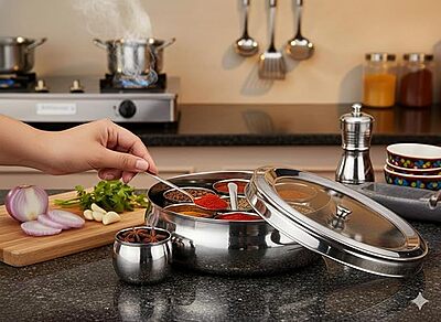 Onions Stainless Steel Belly Masala Dabba with 7 Belly Shape Spice Containers, Lid and Spoon