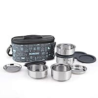 Borosil Carry Fresh Stainless Steel Insulated Lunch Box with Bag, Set of 4 (280 ml x 2, 180 ml x 2)