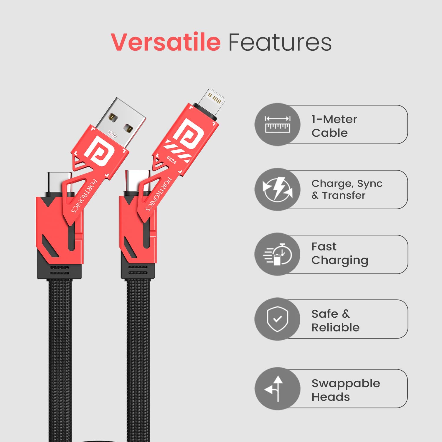 Portronics ProCharge 4 60W 4-in-1 Charging Cable – USB & Type-C to Lightning/Type-C, Braided