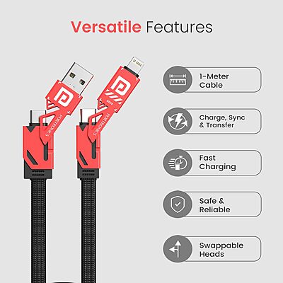 Portronics ProCharge 4 60W 4-in-1 Charging Cable – USB & Type-C to Lightning/Type-C, Braided