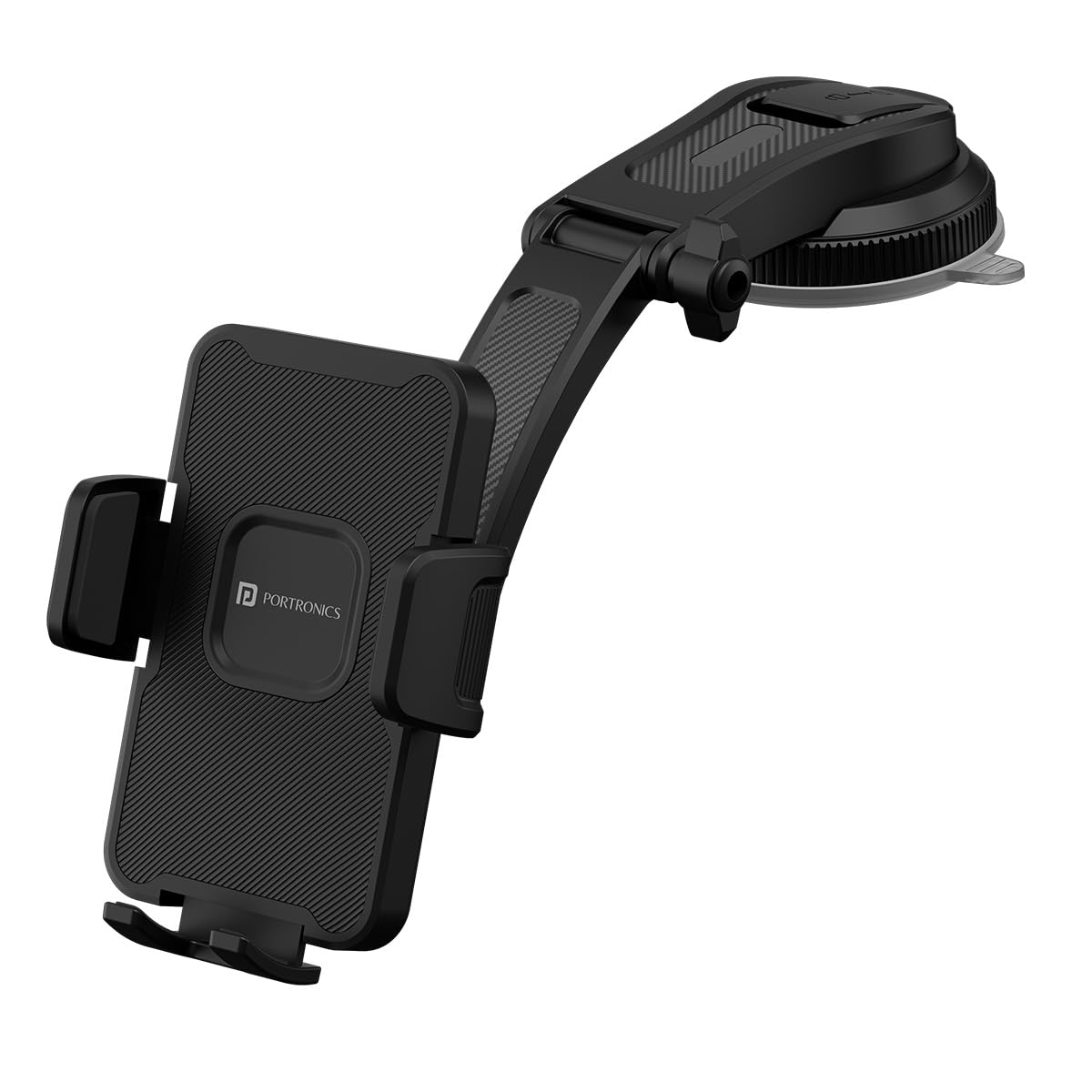 Portronics Clamp M5 – Car Phone Holder. Suction mount securely holds phones. Easy installation, adjustable, compatible with most smartphones.