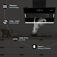 Faber 75 cm 1200 m3/hr Slant, Filterless Auto Clean Chimney talian Design (HOOD VERTIGO FL SC AC BK 75