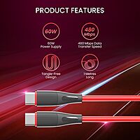 Portronics POR 2111 Silklink USB-C to USB-C Cable – 60W, 1M, Soft Silicon, Red