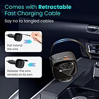 Portronics Car Power Retracto 84W 3-in-1 Car Charger with Retractable Type-C Cable Black