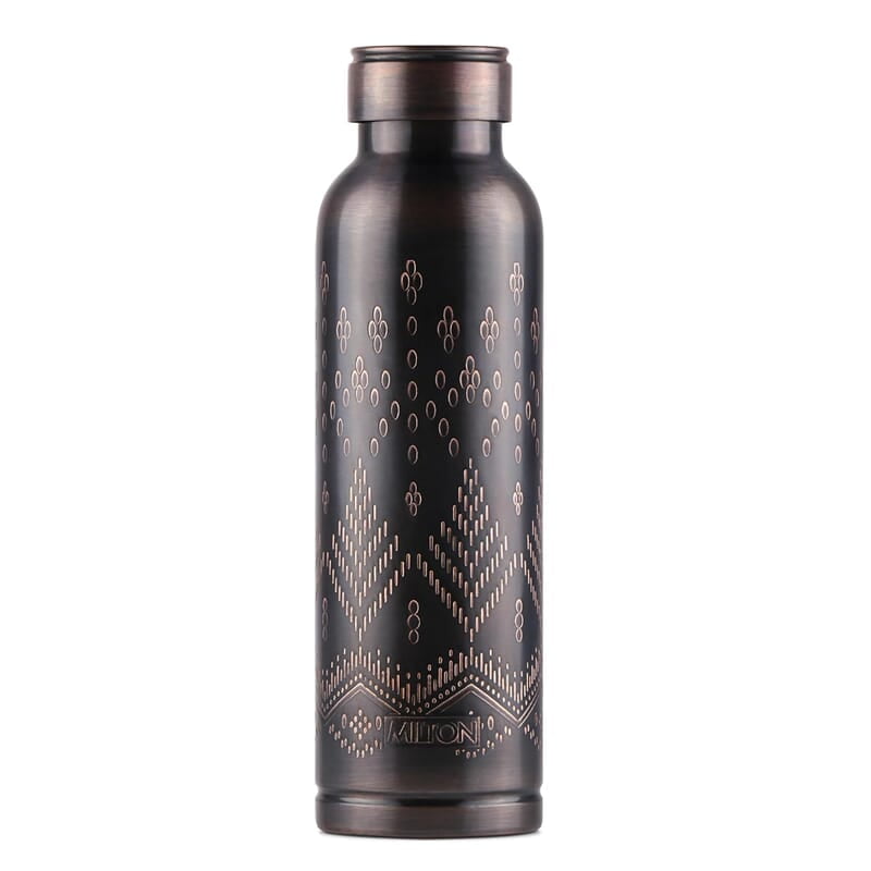MILTON Copper Swasth Water Bottle, 940 ml, Black Ethnic Lacquer Coating, Curved bottle