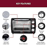 Borosil OTG Pro Plus 20 Litres Oven Toaster Griller, Motorized Rotisserie, Pizza Oven, Cake Oven for Baking | 6 Heating Option | 2 years Warranty