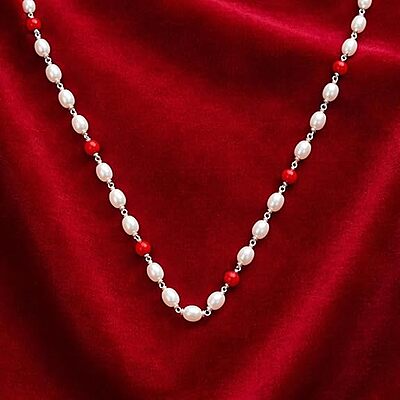 925 Sterling Silver Pearl and Red Mani Mala – Silver Tied Pearl Necklace with Red Beads