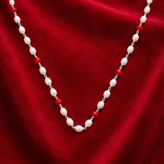 925 Sterling Silver Pearl and Red Mani Mala – Silver Tied Pearl Necklace with Red Beads