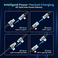 Portronics Konnect 4-in-1 Cable – Fast Charge, Black. Versatile charging solution with multiple connectors for various devices. Durable design ensures longevity and efficient power delivery.