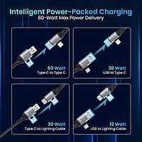 Portronics Konnect 4-in-1 Cable – Fast Charge, Black. Versatile charging solution with multiple connectors for various devices. Durable design ensures longevity and efficient power delivery.