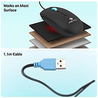 ZEBRONICS Juggle Wired Optical Mouse with 3 Buttons, High Precision, 1200 DPI, Works on Most Surfaces, USB Interface, 1m Cable Length
