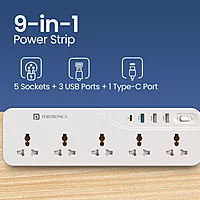 Portronics Power Plate 22 – 5 Sockets, 4 USB Ports, 20W PD Fast Charging, 3m Long Cord, Surge Protection, Compact Design, Ideal for Home/Office, Overload Protection, Easy to Use.