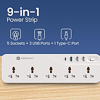 Portronics Power Plate 22 – 5 Sockets, 4 USB Ports, 20W PD Fast Charging, 3m Long Cord, Surge Protection, Compact Design, Ideal for Home/Office, Overload Protection, Easy to Use.