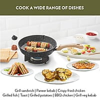 Borosil Vajra Die-Cast Non-Stick Aluminium Round Grill Fry Pan, Frying Pan with Ridges, Black with Wood-Finish Handles, 240 mm Wide, 5 mm Thick