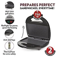 Borosil Neo Grill 2.0, 750 Watt, Bread Sandwich Maker, Makes 2 Sandwiches, Non-stick Grill plates opens 105°, For Snacks and Breakfast