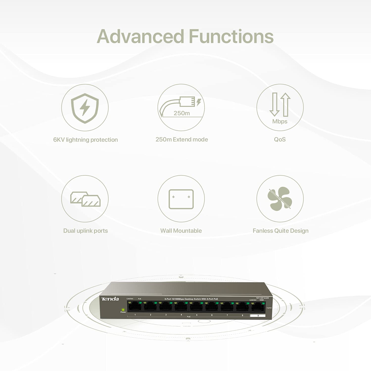 Tenda TEF1109P-8-63W 9-Port Desktop Switch With 8-Port PoE
