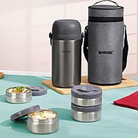 Borosil Hot-N-Fresh Prime Stainless Steel Insulated Lunch Box, Keeps food warm upto 8 Hours, Set of 4 (2 pcs 420 ml + 2 Pcs 350 ml), Grey