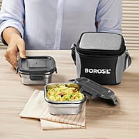 Borosil Feast Stainless Steel Lunch Box with Bag | Set of 2 (400 ml Each), Square