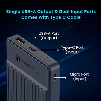 Portronics Luxcell B12 10,000mAh 12W Power Bank, Ultra Slim Power Bank with USB-A Output Port & Dual Input Ports (Micro & Type C) | BIS Certified |Type C Cable Included|Made in India Portronics Luxcell B12 10,000mAh 12W Power Bank, Ultra Slim Power Bank with USB-A Output Port & Dual Input Ports (Micro & Type C) | BIS Certified |Type C Cable Included|Made in India