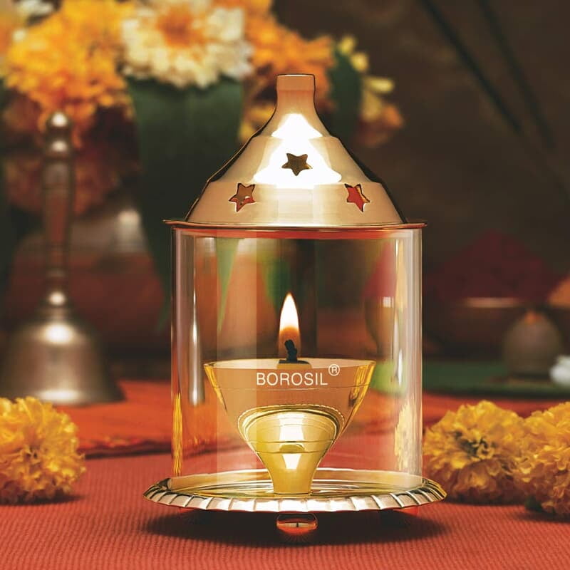 Borosil Medium Size Akhand Diya Decorative Brass Glass Oil Lamp