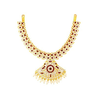 Red & White Stone Gold Plated Necklace/Attigai Red & White Stone Gold Plated Necklace/Attigai