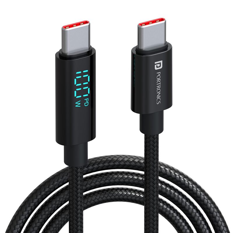 Portronics Konnect View – 100W USB-C Cable, LED Indicator, Durable Design, Fast Charging, Data Transfer, 1.5m Length, Compatible with Laptops, Smartphones, Tablets, Sleek Black Finish.