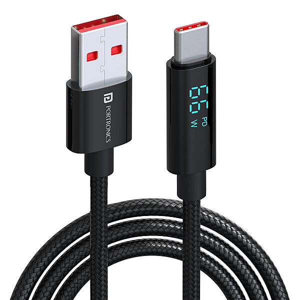 Portronics Konnect View – 66W Type-C Cable, LED Indicator, 1.2M Length, Fast Charging, Durable Design, Compatible with Laptops, Smartphones, and Tablets, Ideal for Home and Office Use.