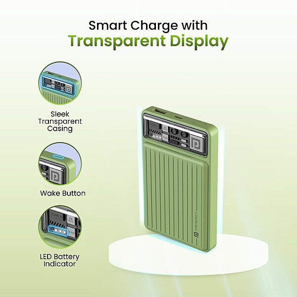 Portronics Mini 10K – 22.5W Nano Power Bank, compact design, LED indicator, fast charging, Type-C input/output, lightweight, perfect for travel, reliable power source for devices on the go.