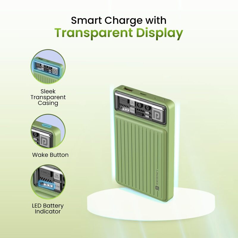 Portronics Mini 10K – 22.5W Nano Power Bank, compact design, LED indicator, fast charging, Type-C input/output, lightweight, perfect for travel, reliable power source for devices on the go.