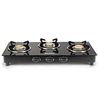 AGARO Elite 3 Burners Gas Stove, Toughened GlassTop, Round Brass Burners, 1 Small, 1 Medium & 1 Big Size Burner