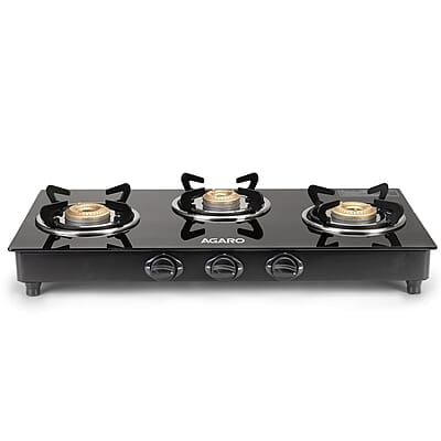 AGARO Elite 3 Burners Gas Stove, Toughened GlassTop, Round Brass Burners, 1 Small, 1 Medium & 1 Big Size Burner