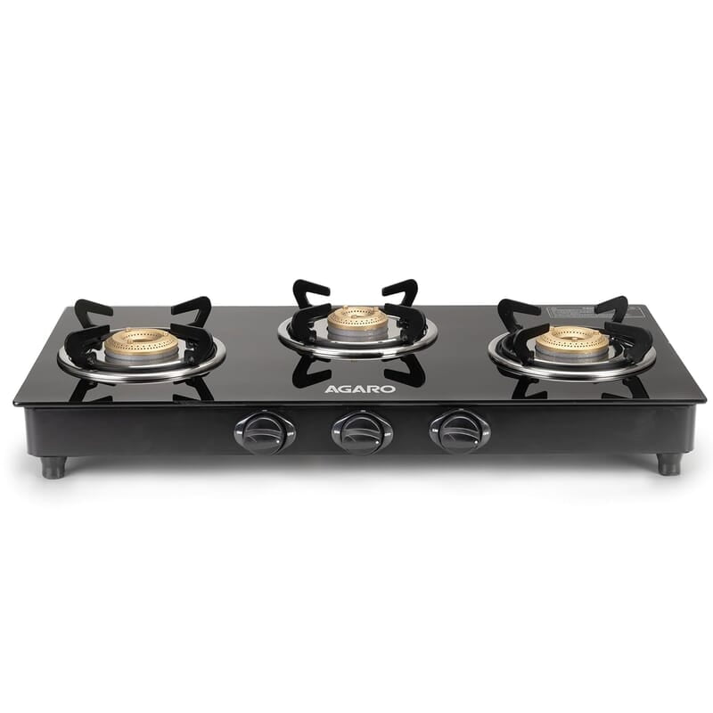 AGARO Elite 3 Burners Gas Stove, Toughened GlassTop, Round Brass Burners, 1 Small, 1 Medium & 1 Big Size Burner