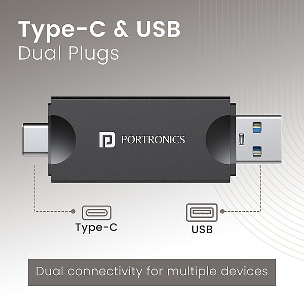Portronics Mport 30 Plus Card Reader – USB Type-C & USB Dock | SD & microSD Support | Black