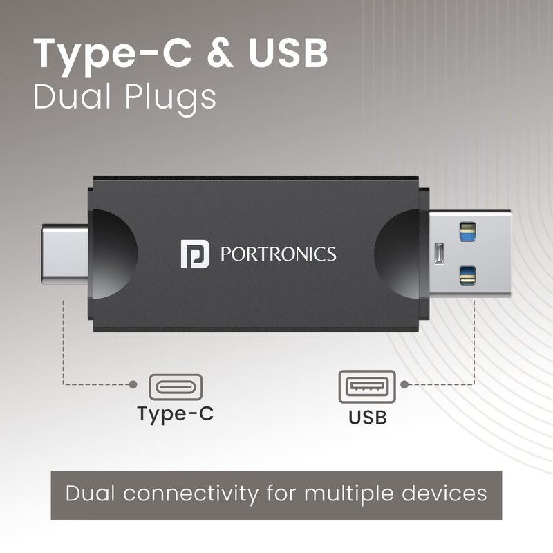 Portronics Mport 30 Plus Card Reader – USB Type-C & USB Dock | SD & microSD Support | Black