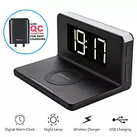 Portronics Freedom 4 – A versatile 3-in-1 device featuring a wireless charger, digital clock, and LED lamp. Perfect for bedside use, it combines functionality with modern design for convenience.