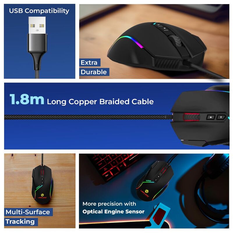 Lapcare Champ LGM-108 Wired Gaming Mouse – Adjustable DPI up to 7200 | 8 Programmable Buttons | Circular & Breathing RGB Lighting | Ergonomic Design