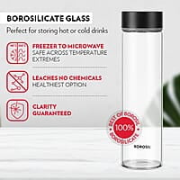 Borosil Neo Glass Water Bottle with Black Stainless Steel Lid | 550ml, Borosilicate Glass, Extreme Temperature Resistant, For Hot & Cold | Bottle for Water, Milk, Lassi, Juice | Transparent (2 pc Set)