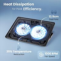 Lapcare ChillMate DCX‑A101 is a lightweight (300g) laptop cooling stand with dual 125mm ultra-quiet fans (1000 RPM), USB-powered, fits laptops up to 15.6".
