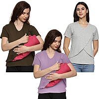 Maternity Feeding Tops Without Zip for Women, Feeding Coverup Pregnancy Tshirt,Feeding T-Shirt for Easy Nursing & Breastfeeding.(Pack of 3)