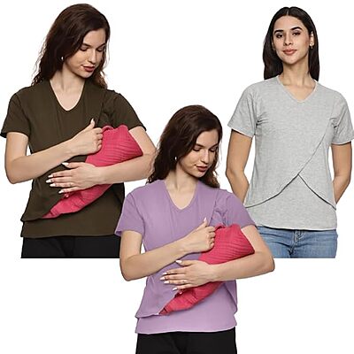 Maternity Feeding Tops Without Zip for Women, Feeding Coverup Pregnancy Tshirt,Feeding T-Shirt for Easy Nursing & Breastfeeding.(Pack of 3)