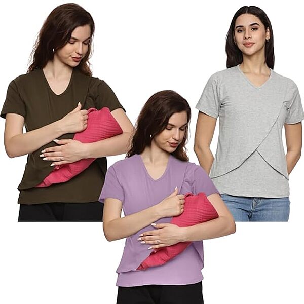 Maternity Feeding Tops Without Zip for Women, Feeding Coverup Pregnancy Tshirt,Feeding T-Shirt for Easy Nursing & Breastfeeding.(Pack of 3)