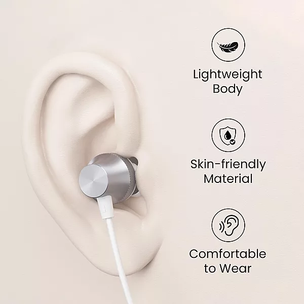 Portronics Conch Beat A – 3.5mm Earphones with Mic | Sleek Silver Design, High-Quality Sound & Comfortable Fit