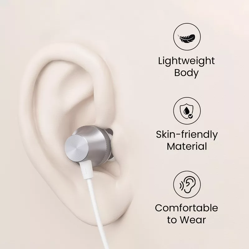 Portronics Conch Beat A – 3.5mm Earphones with Mic | Sleek Silver Design, High-Quality Sound & Comfortable Fit