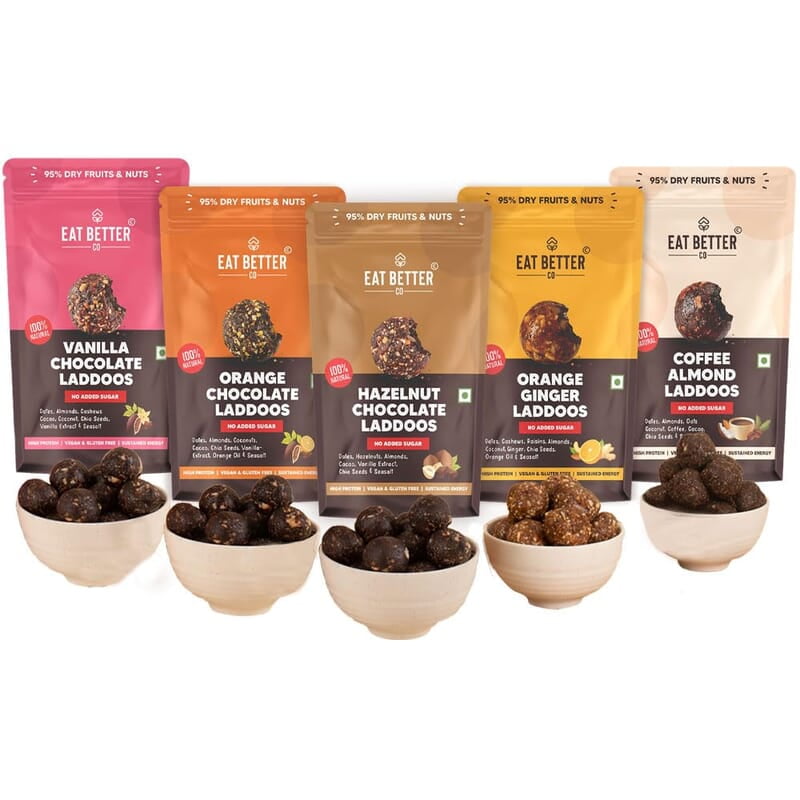EAT BETTER CO - Assorted Laddoo Box - 35 laddoos in 5 Different Flavors | Dry - Fruit Laddoos | Sugar-Free | Naturally Sweet | Energy Bar Replacement | High Protein and Instant Energy, 520 gm
